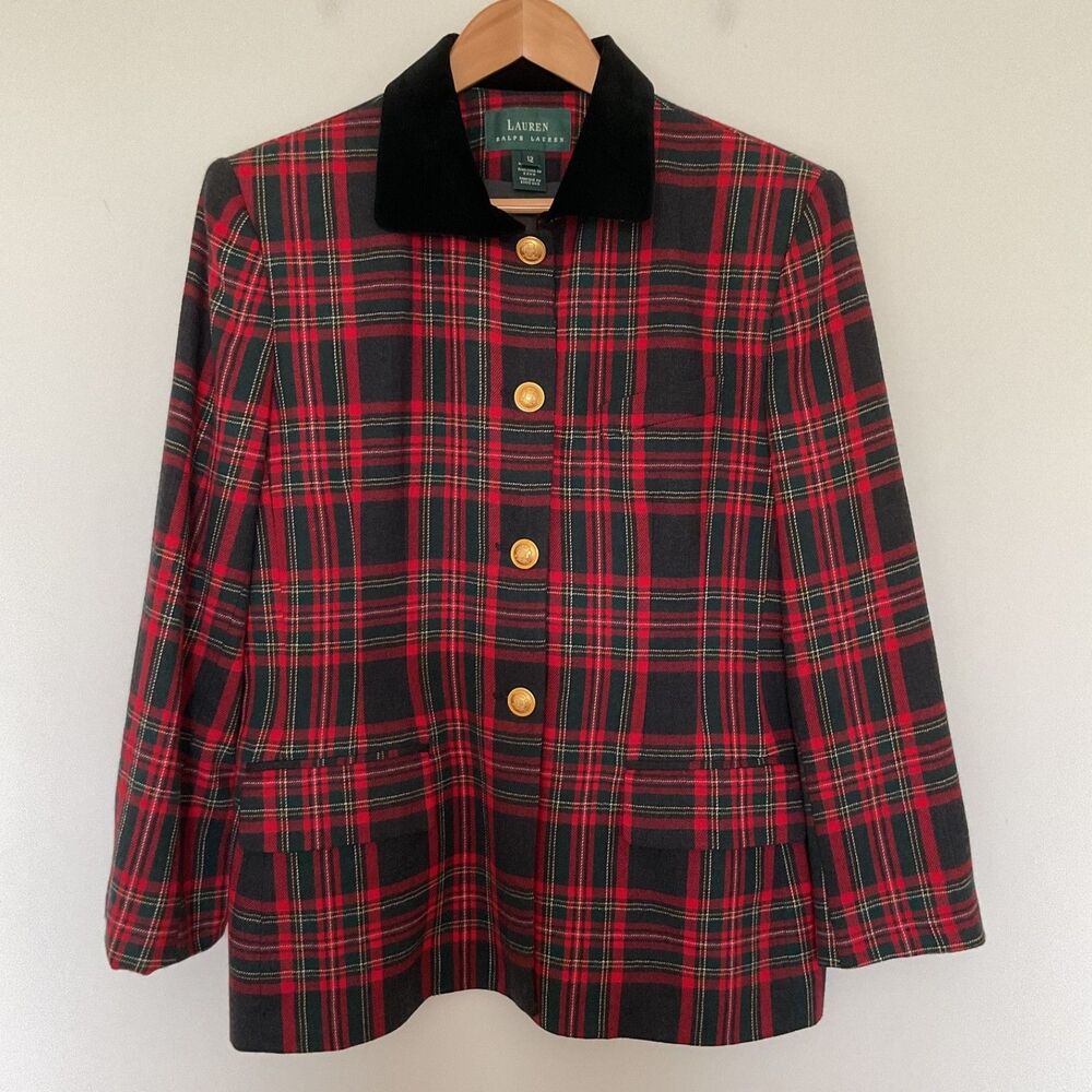 VTG Lauren Ralph Lauren Red Tartan Plaid Wool Blazer 12 Velvet Collar USA Made